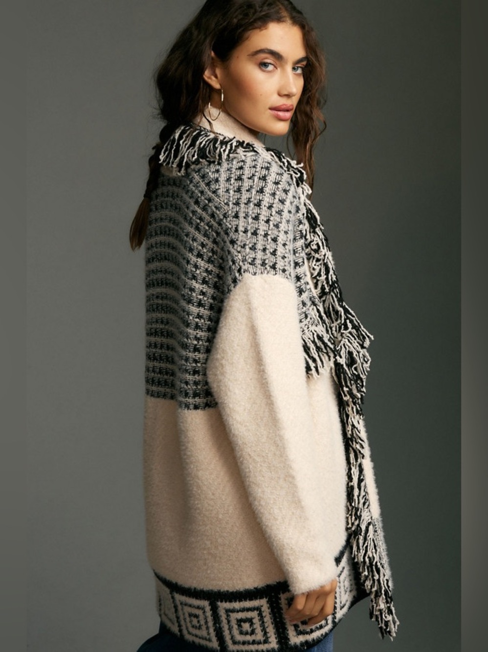 Beige & Black Fringe Knit Cardigan Sweater - Picture 2 of 13